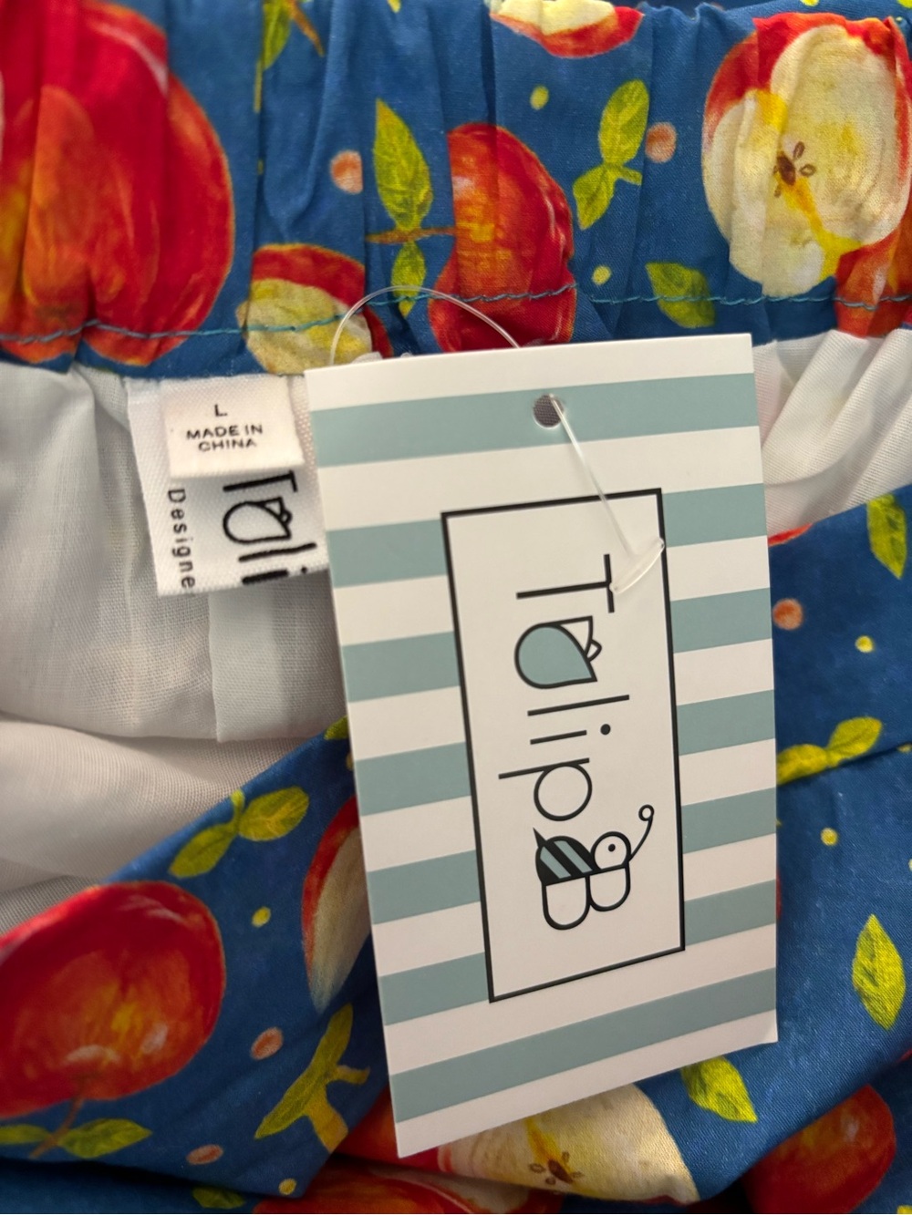 NWT Tulip B Blue Apple-Print Midi Circle Skirt Elastic Back Cotton Pockets - Picture 2 of 4